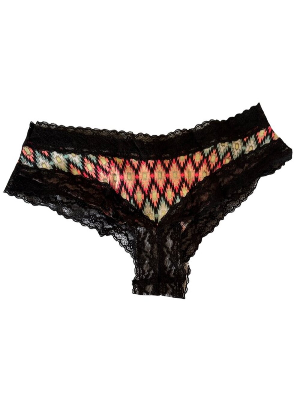 Victorias Secret Cheeky Panty Medium Black Lace Aztec Print New Old Stock